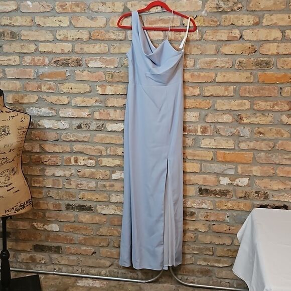 NWT After Six Mist Blue Crepe 1 shoulder cowl neck maxi dress size 6 - Picture 5 of 10